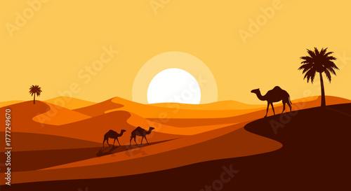 Desert sunset with camels and palm trees, a classic arid landscape scene with dunes and a warm glow