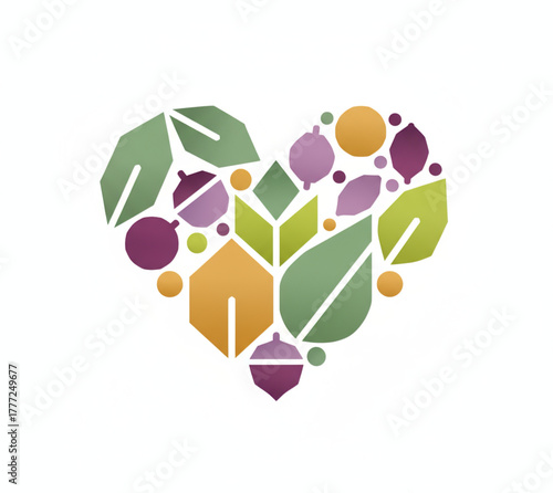 Heart shaped symbol composed of natural elements and autumnal colors, representing love for nature and healthy living