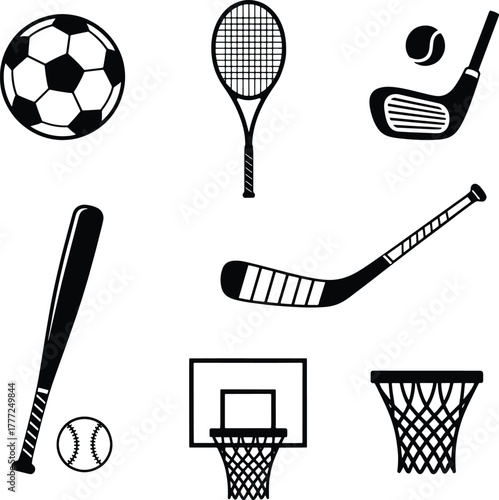 Collection of black sports equipment icons on white background soccer ball tennis racket