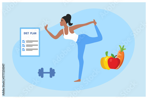 Healthy diet plan, woman eat healthy food and planning diet with fruit and vegetable vector	
