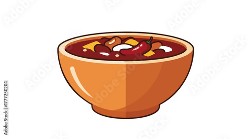 Illustration of a bowl of chili with beans, cheese, and a red pepper on top.