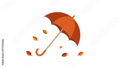 An orange umbrella is caught in a gust of wind with swirling autumn leaves on a white background.