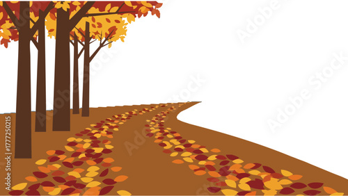 A tree-lined path covered with colorful fallen leaves during the autumn season.