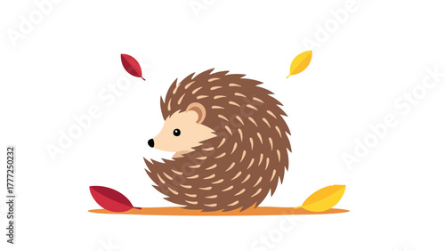 A cute hedgehog curled up in a ball with autumn leaves falling around it.