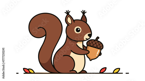 A cute cartoon squirrel with a big bushy tail holding a large acorn.