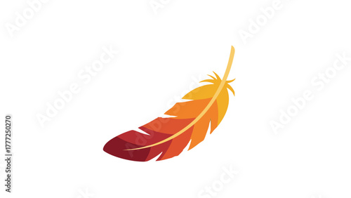 A single stylized bird feather with a warm color gradient from red to orange and yellow, isolated on a white background.