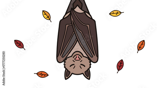 Cute cartoon bat hanging upside down surrounded by colorful autumn leaves on a white background.