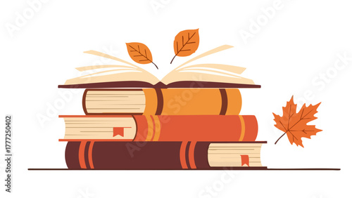 A stack of books in autumn colors with an open book on top and falling leaves.