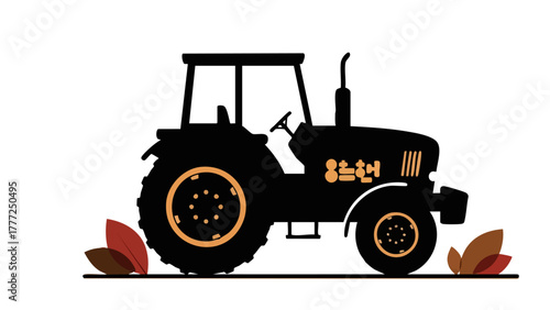 Silhouette of a tractor with autumn leaves, farm vehicle.