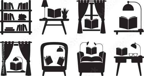 Eight Silhouette Scenes Of Books And Reading Environments bookshelf lamp