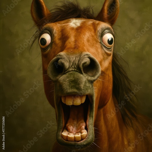 A horse with a big mouth and big eyes