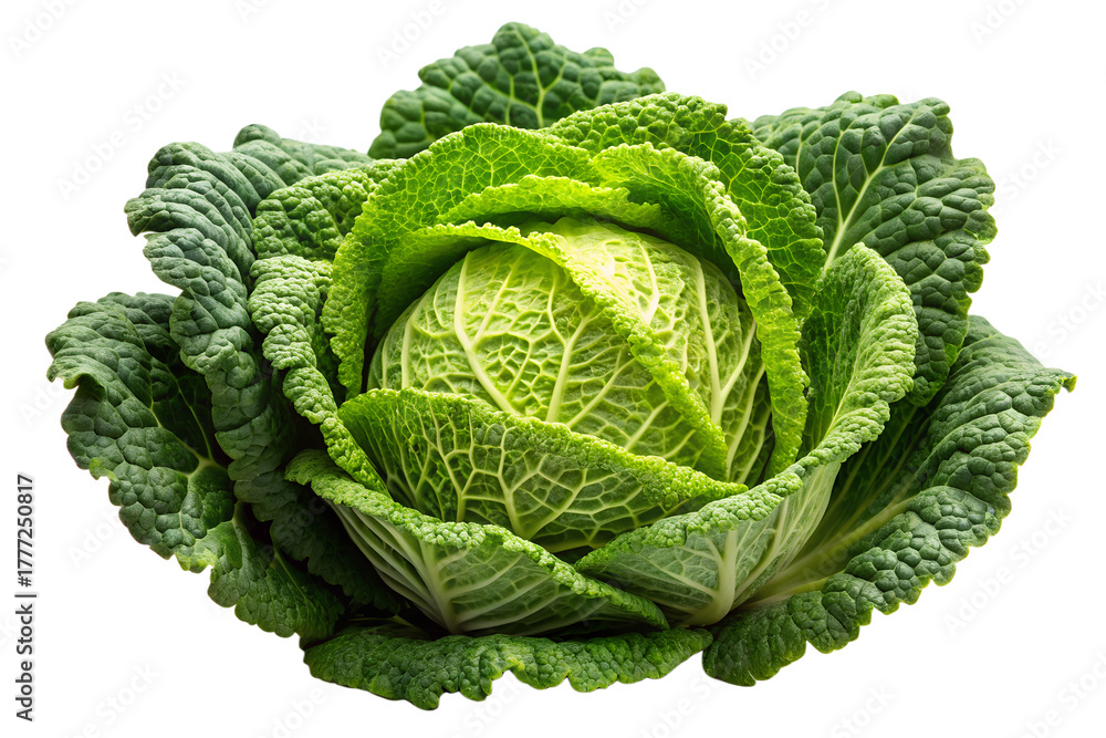 Fototapeta premium Fresh Savoy Cabbage PNG | Whole Crinkled Cabbage Isolated on Black Background