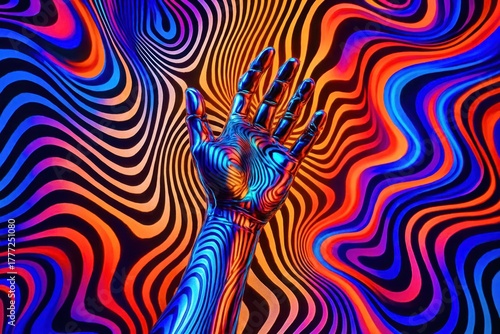 A hand is shown in a colorful background