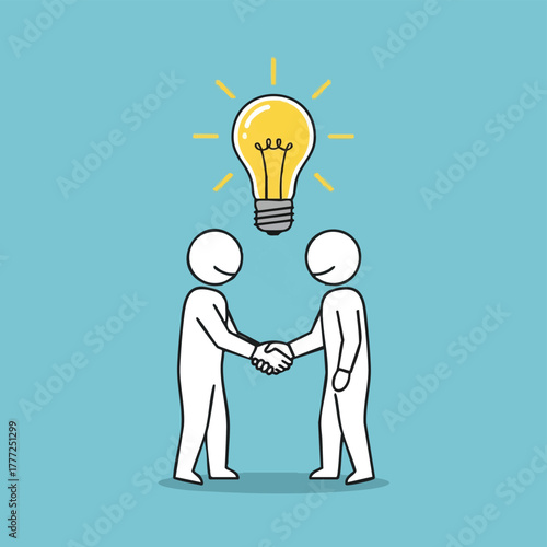 Two stylized stick figures shake hands under a bright, glowing light bulb, symbolizing a successful business partnership, innovative idea, or collaborative agreement.