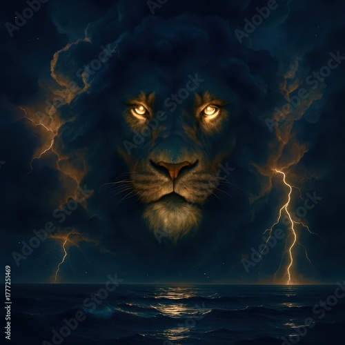 A lion with a yellow eye is staring at the camera