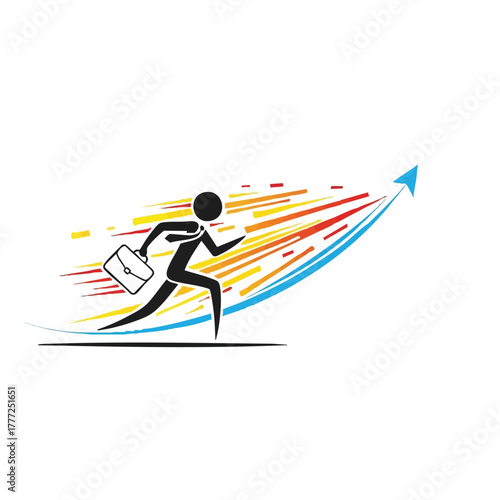 A dynamic vector illustration depicts a businessman swiftly running towards an upward-trending arrow, symbolizing rapid career growth and professional advancement.