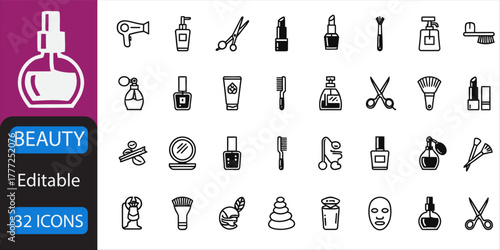 Beauty line icon set. Lipstick, Mascara, Nail Polish, Perfume, Hairbrush, Mirror, Blush, Eyeshadow, Curling Iron, Face Powder Editable stroke. Vector illustration