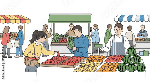 A bustling farmers market scene with shoppers and vendors at various stands