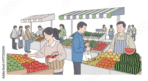 A bustling market scene featuring customers selecting fruits and vegetables from vendor stalls under striped canopies