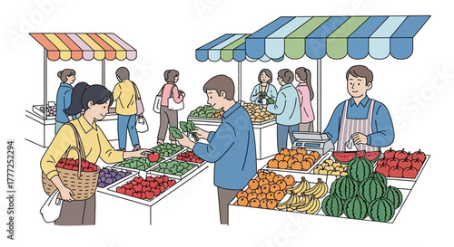 An outdoor market scene with people browsing fruit and vegetable stands under striped awnings