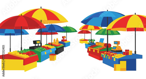 Colorful market scene with produce stands and umbrellas in various vibrant shades