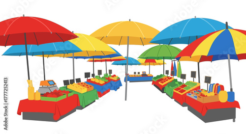 Open market stalls with colorful umbrellas sheltering tables of produce