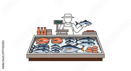 A fishmonger stands behind a display case filled with various types of fish including salmon tuna and mackerel