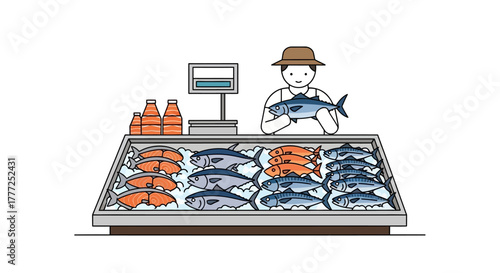 Fishmonger holding a fish standing behind a counter display of various fish and salmon oil bottles