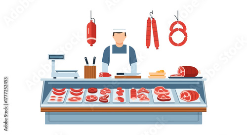 A butcher stands behind a meatfilled display case with sausages hanging above