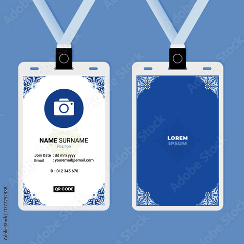 Professional blue corporate ID card template with ornamental design