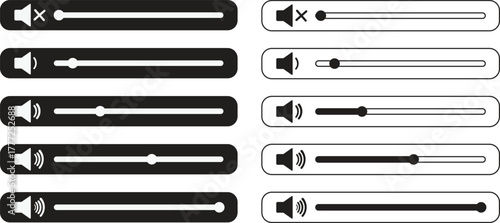 Volume Icon set.Audio player for songs or podcast playlist. Adjust mixer volume level. Equalizer symbol concept for control, filter, balance, tuning, options, and preferences.