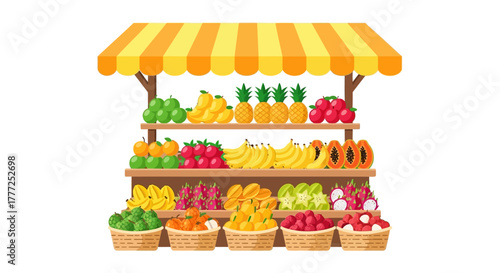 Fruit stand brimming with variety pineapples bananas  more