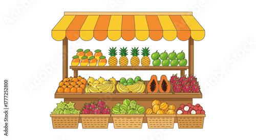 Fruit stand with various colorful tropical fruits on shelves and baskets under a striped canopy
