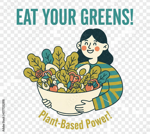 Uplifting illustration of a smiling individual holding a bountiful bowl of fresh, vibrant, and healthy plant-based salad, symbolizing nutritious eating and a wholesome lifestyle