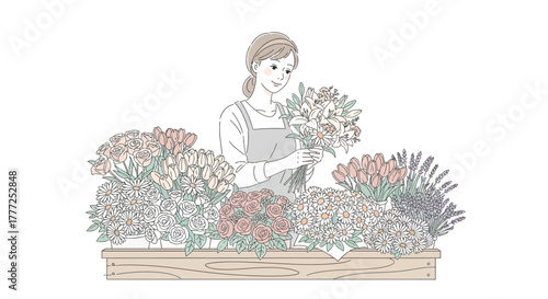 Florist arranging flowers behind a wooden counter filled with colorful floral displays