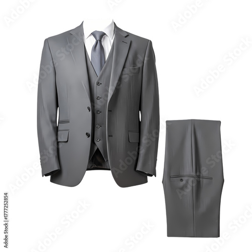 Sharp modern grey three piece suit with crisp white shirt and subtle tie perfect for professional occasions