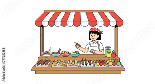 A vendor is at a food stand selling noodles dumplings skewers and fruits