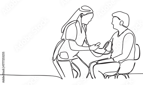Continuous Line Drawing of Nurse Checking Patient's Blood Pressure