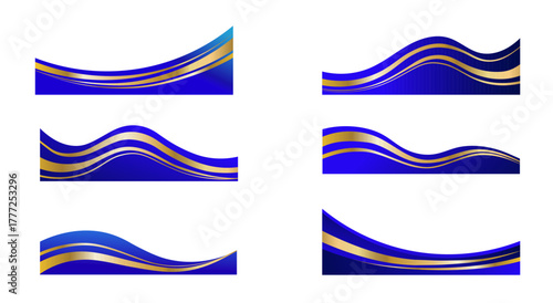 Gold blue wave elegant footer for certificate, borders set, luxury geometric vector elements isolated on white background, flat headers collection