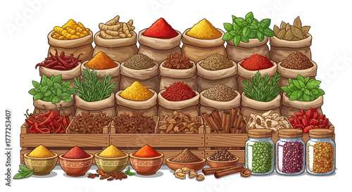 A spice display presents jars and sacks filled with herbs powders and roots