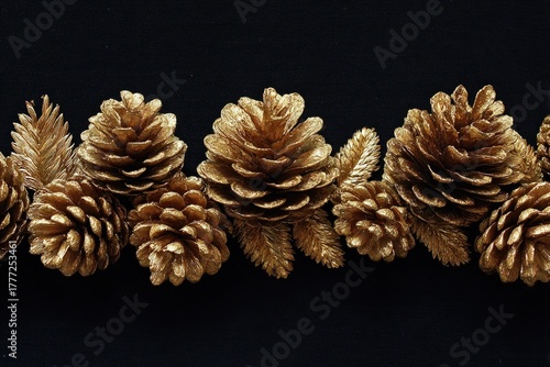 A decorative arrangement of golden pinecones against a black background, showcasing their intricate textures and shapes.