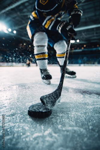 An ice hockey player prepares to strike the puck on the rink, creating a dynamic scene filled with motion and excitement.