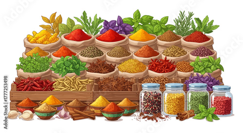 An assortment of spices and herbs presented in bags jars and bowls on a wooden stand