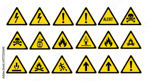 Set of triangular warning signs hazard symbol collection for safety and caution isolated illustration on white background