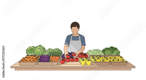 A produce vendor stands behind a market stall filled with various fruits and vegetables arranged in containers
