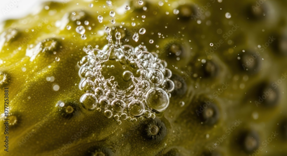 Fototapeta premium Close-up of pickled cucumber with bubbles on its