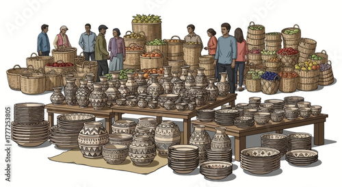 Bustling market scene with fruits pottery baskets and shoppers