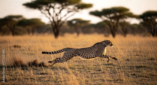Cheetah running at full speed across the African savanna at sunset.