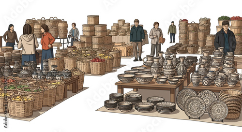 A bustling market scene shows vendors  shoppers among stacks of pottery baskets  food produce