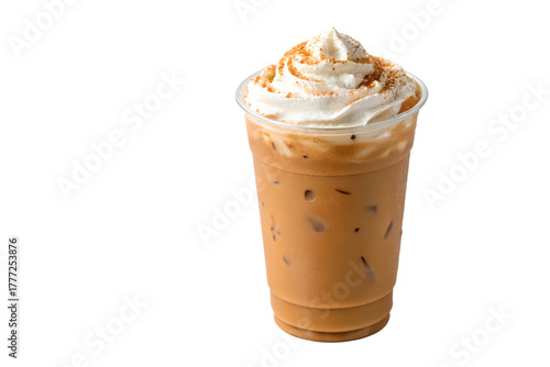 Fototapeta Naklejka Na Ścianę i Meble -  Iced Pumpkin Spice Latte with Whipped Cream PNG | Fall Coffee Drink Isolated on Black